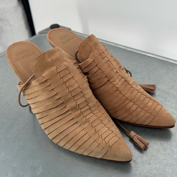 Huma Blanco Jenny Woven Leather Ankle Tie Mule Heels - Picture 3 of 5